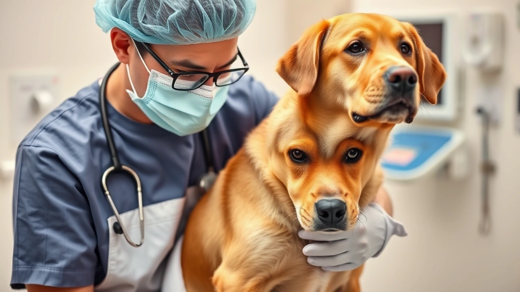 Veterinarian in surgical mask examining golden-colored dog's abdomen during examination, concerned professional expression, clinical setting with medical equipment