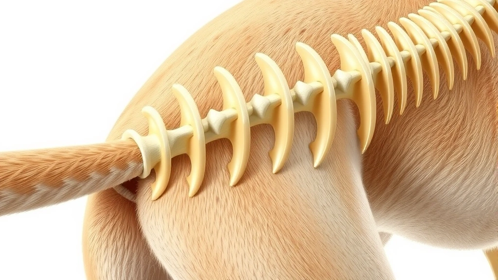 Close-up of dog's spine and tail vertebrae structure, anatomical focus showing caudal vertebrae detail, educational medical illustration style