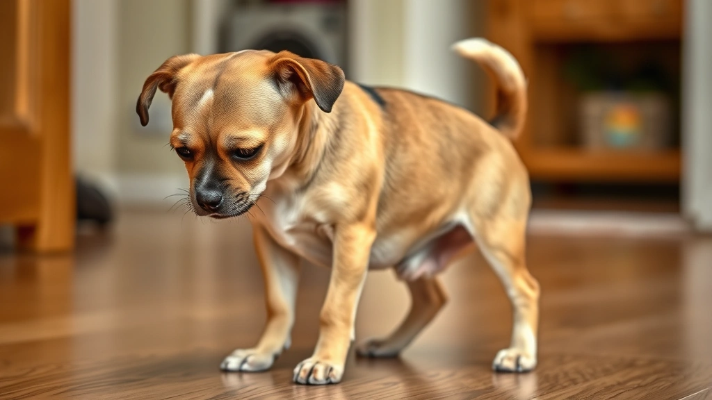 Small dog with tail tucked between hind legs, showing fearful anxious posture, lowered ears and body, indoor home environment