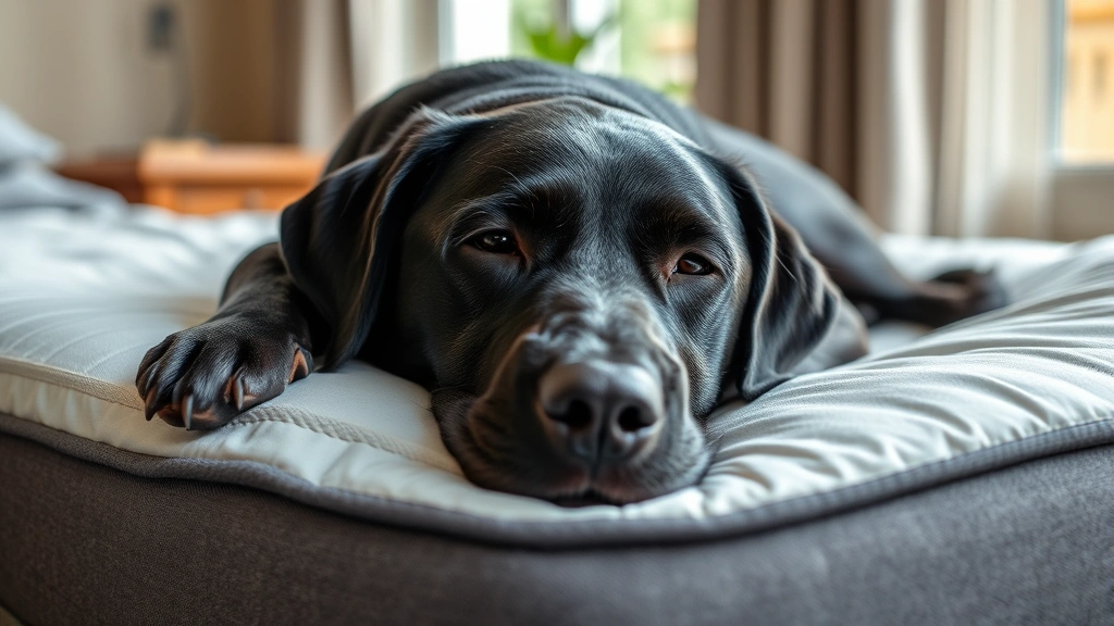 Senior black Labrador resting on orthopedic bed indoors, looking tired and unwell, soft natural lighting through window, demonstrating illness appearance