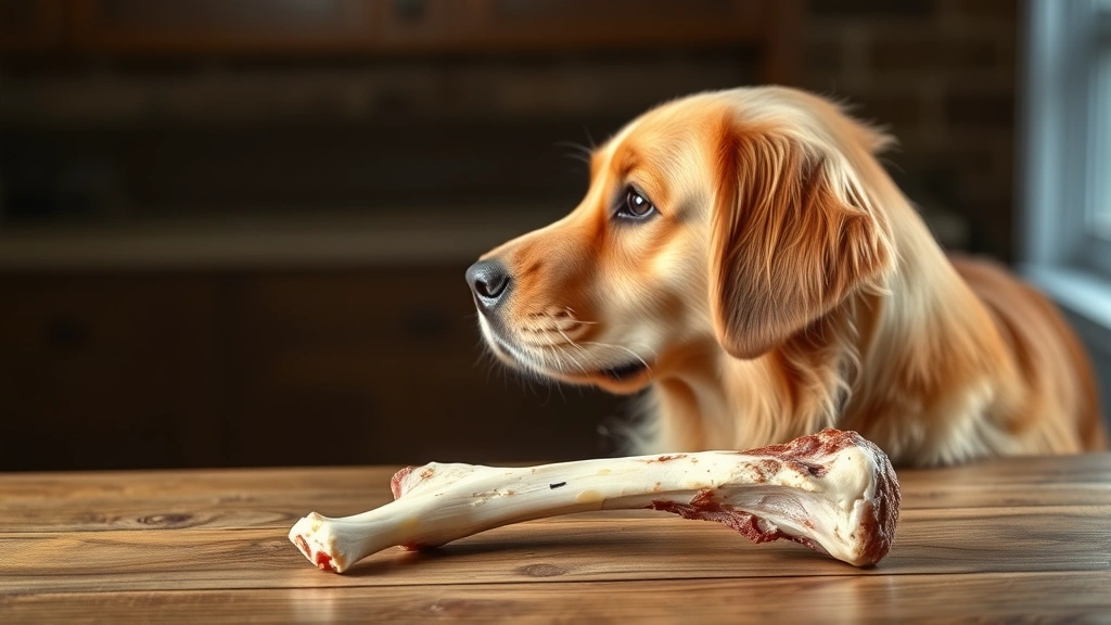 Golden Retriever looking at pork bone on wooden table with concerned expression, side profile view