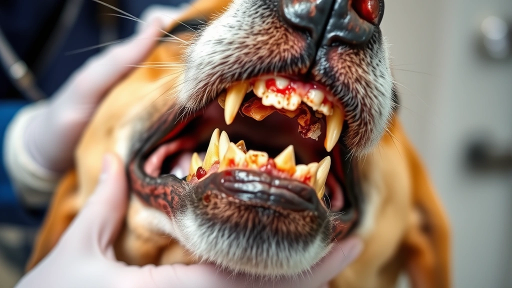 Close-up of dog's mouth showing dental damage from chewing hard bones, veterinary examination setting