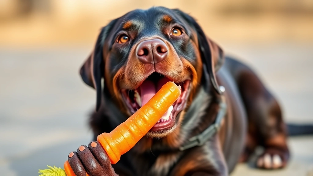 Happy Labrador playing with rubber Kong toy and frozen carrot treat, bright natural lighting, cheerful expression