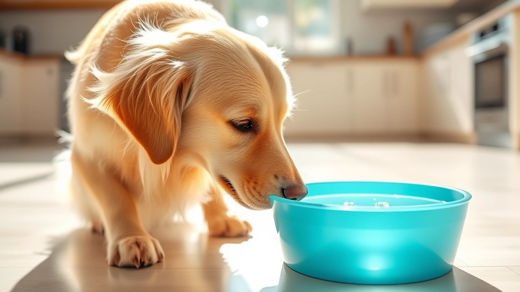 Golden retriever with a water bowl, dog happily drinking fresh water, bright sunlit kitchen background, healthy pet hydration