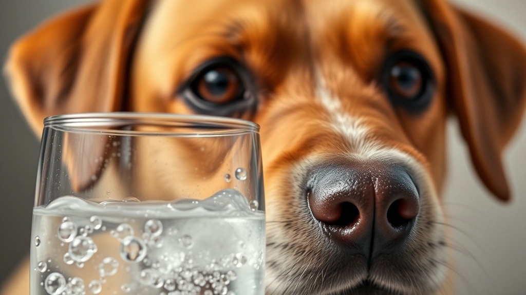 Close-up of dog's face looking at carbonated water glass with bubbles, curious expression, showing concern about fizzy drinks