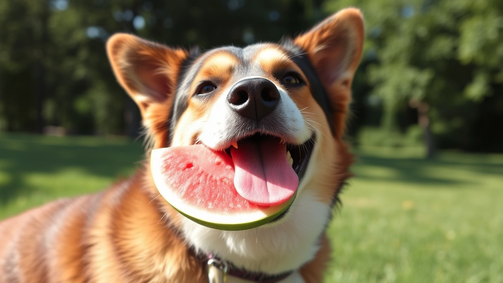Happy medium-sized dog eating watermelon slice outdoors in summer sunshine, hydrating treat, green grass and trees, joyful pet