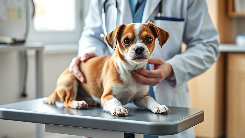 Veterinarian examining a small brown and white dog on an examination table with stethoscope, professional clinic setting, natural window light
