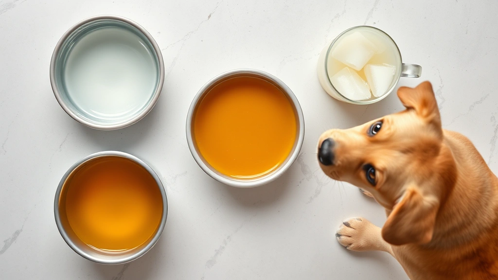 Overhead shot of various safe dog beverages in bowls including plain water, bone broth, and coconut water on a light background with happy labrador puppy approaching