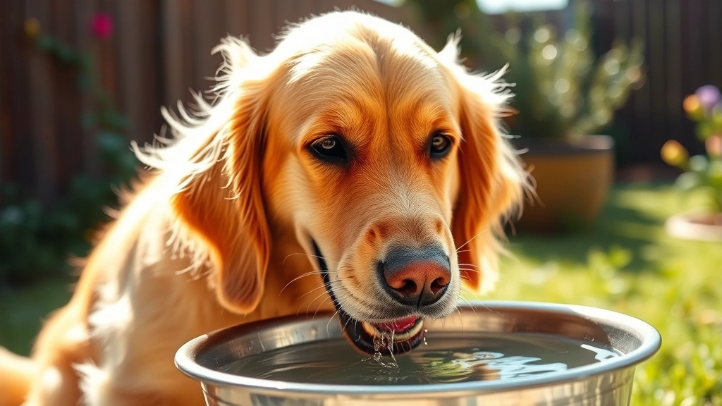 Golden retriever drinking fresh water from a metal bowl in bright natural sunlight, happy expression, wet nose, outdoor garden setting