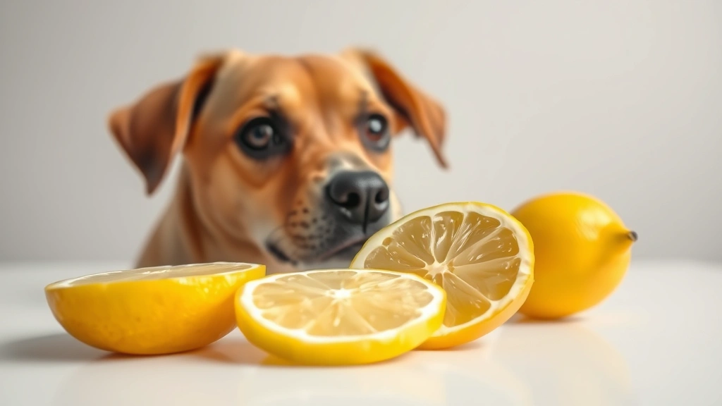 Close-up of lemon slices on a white surface with a concerned-looking brown dog in soft background, illustrating citrus caution for pets