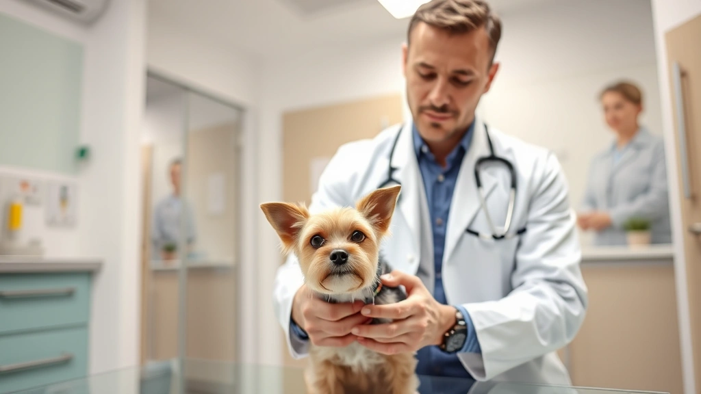 Veterinarian in white coat examining a small terrier dog in modern clinic, professional medical setting with concerned owner visible