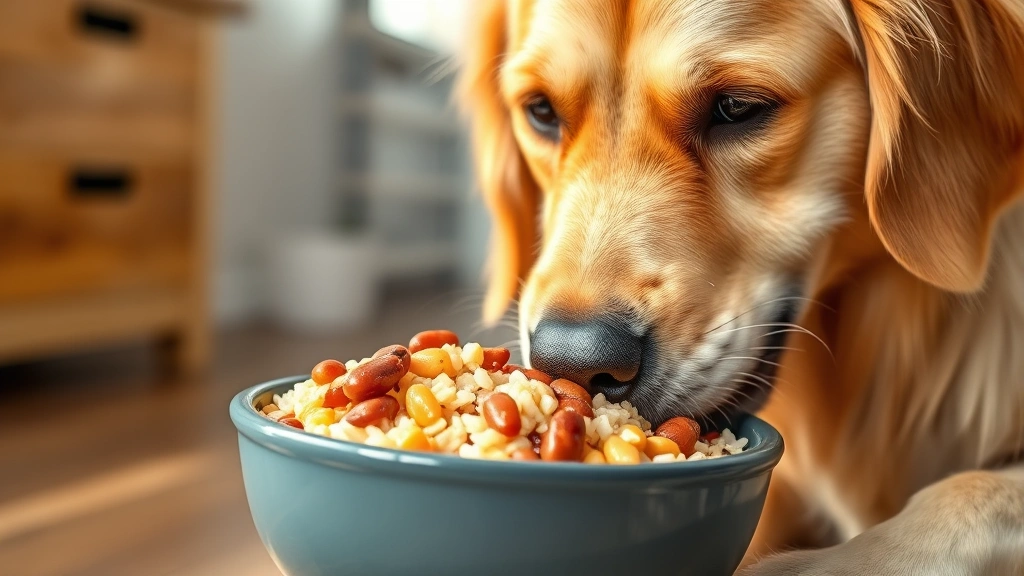 Golden Retriever happily eating from a bowl containing cooked beans and rice mixture, close-up of dog's face and food bowl, bright natural lighting, indoor setting