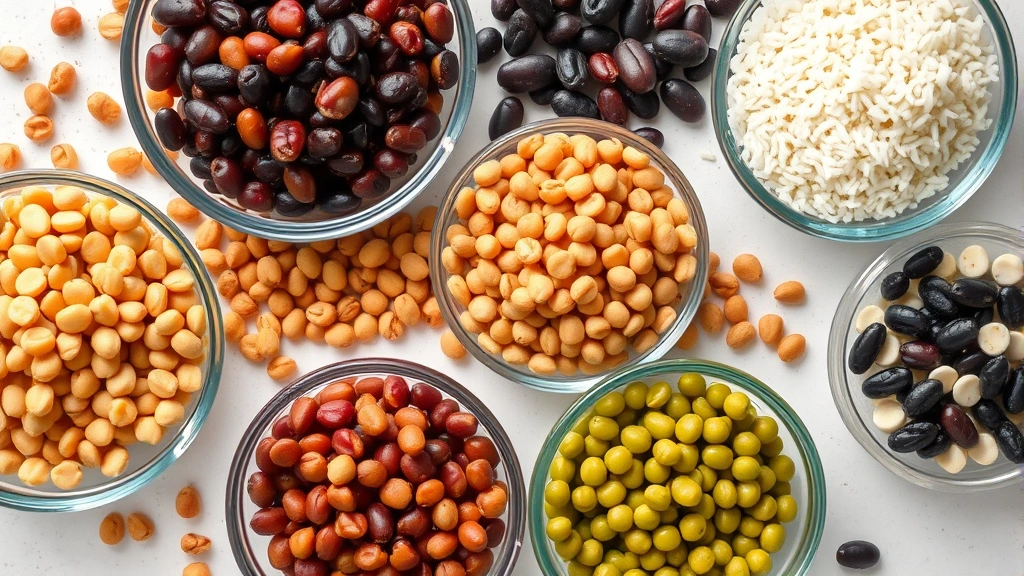 Overhead view of various dried beans (black, kidney, pinto, chickpeas) in glass bowls with white rice, colorful legumes arranged neatly, natural daylight, clean kitchen counter
