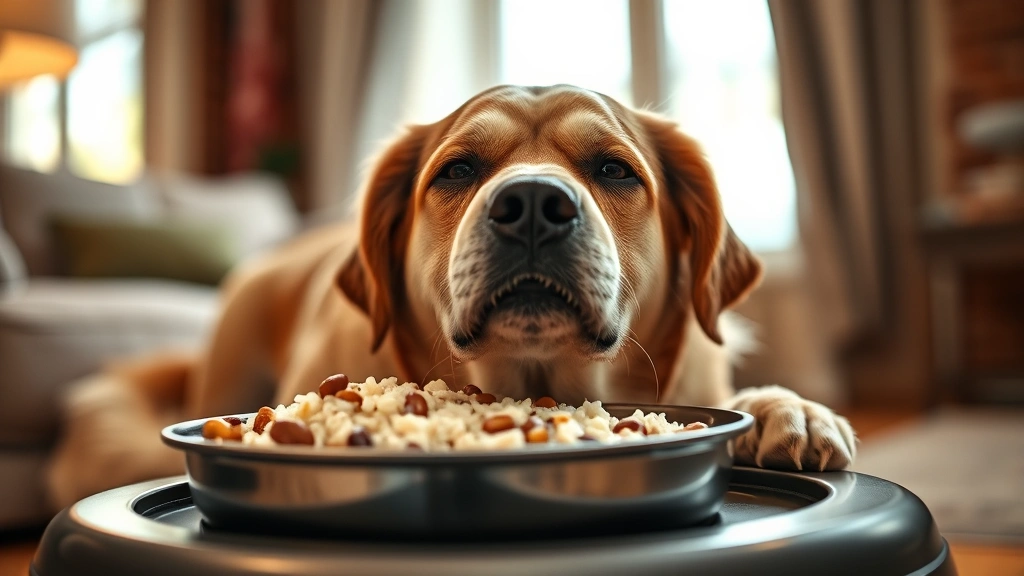 Senior dog enjoying a meal of plain cooked rice and beans, peaceful expression, comfortable home setting, warm lighting, dog sitting at feeding station