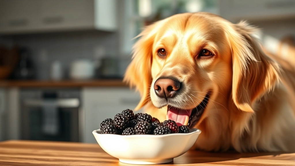 Golden Retriever happily eating fresh blackberries from a white ceramic bowl, sunlit kitchen background, natural lighting on dog's face