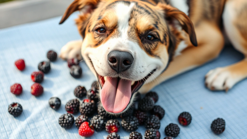 Mixed breed dog enjoying frozen blackberries scattered on a light blue mat during summer, panting happily with berries visible around snout