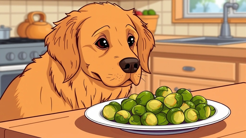 can dogs eat brussel sprouts - A golden retriever looking curiously at a plate of roasted brussel sprouts on a