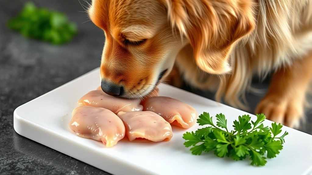 Golden Retriever sniffing fresh raw chicken livers on a white cutting board with fresh parsley, professional food photography, bright natural lighting