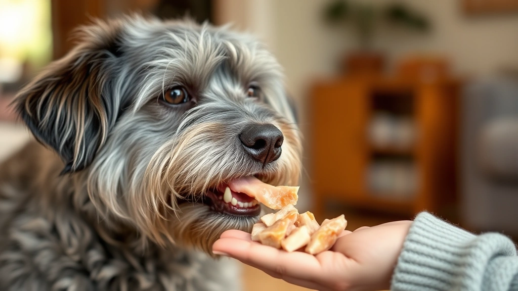 Senior gray-muzzled dog eating small pieces of chicken liver from owner's hand, warm indoor lighting, showing bonding moment and proper portion size