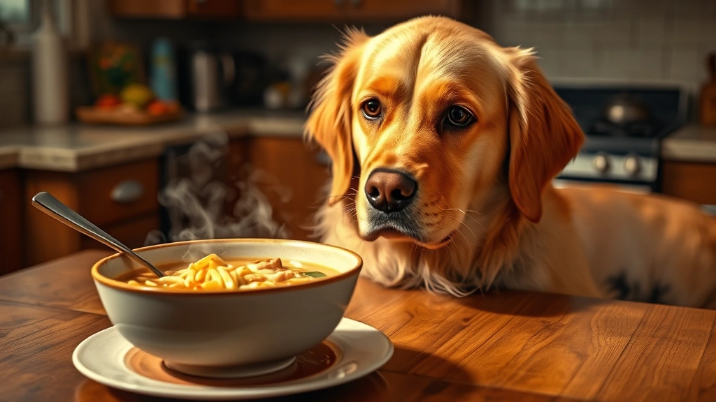 Golden Retriever looking at a steaming bowl of chicken noodle soup on a kitchen table, curious expression, warm lighting, realistic photo
