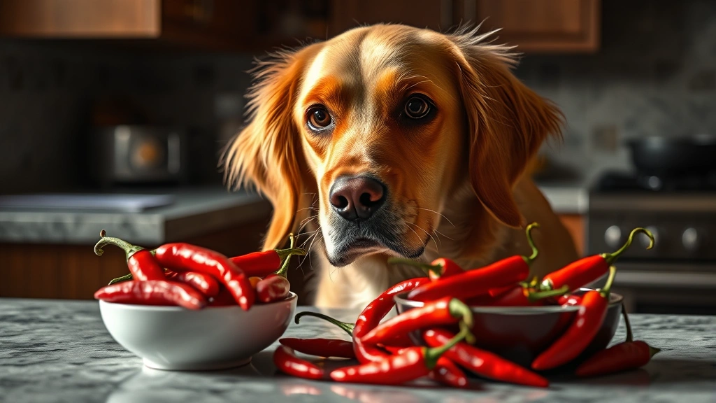 Golden Retriever looking away from a bowl of red chili peppers on a kitchen counter, concerned expression, natural lighting, realistic photo