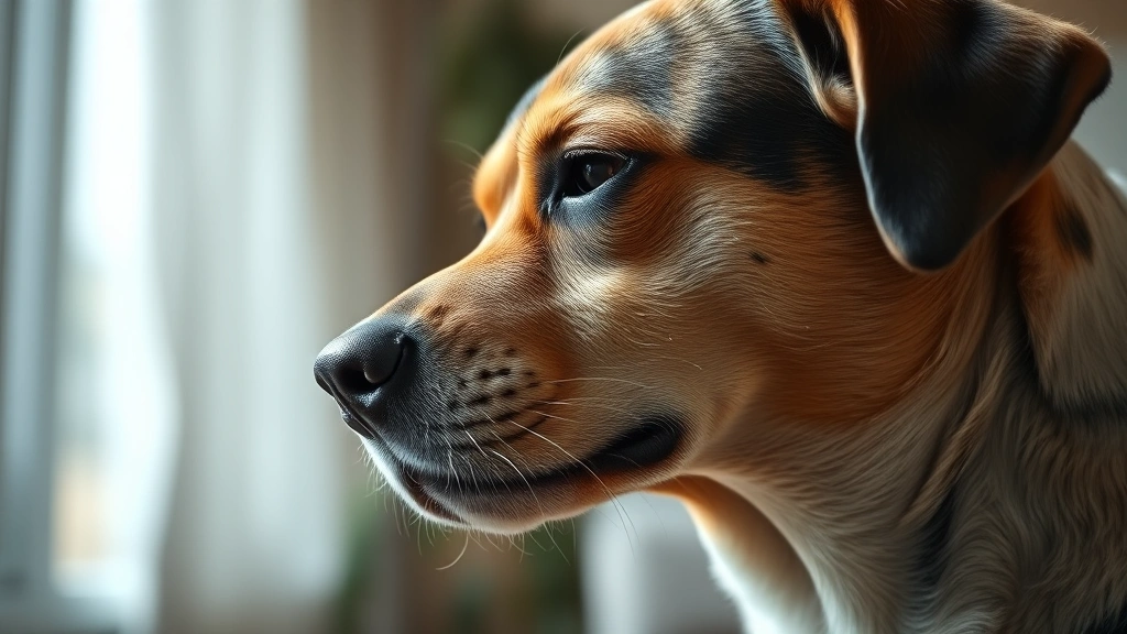 Close-up of a dog's face showing mild discomfort or drooling, side profile, soft indoor lighting, photorealistic