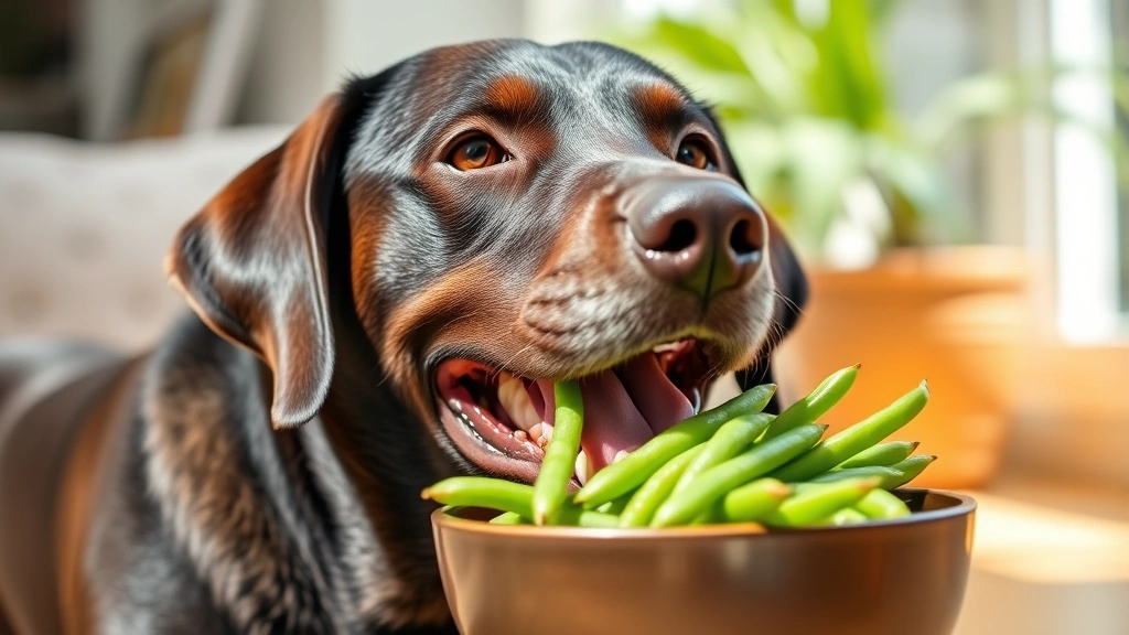 Happy Labrador eating fresh green beans from a bowl, healthy dog treat, bright natural light, cheerful atmosphere