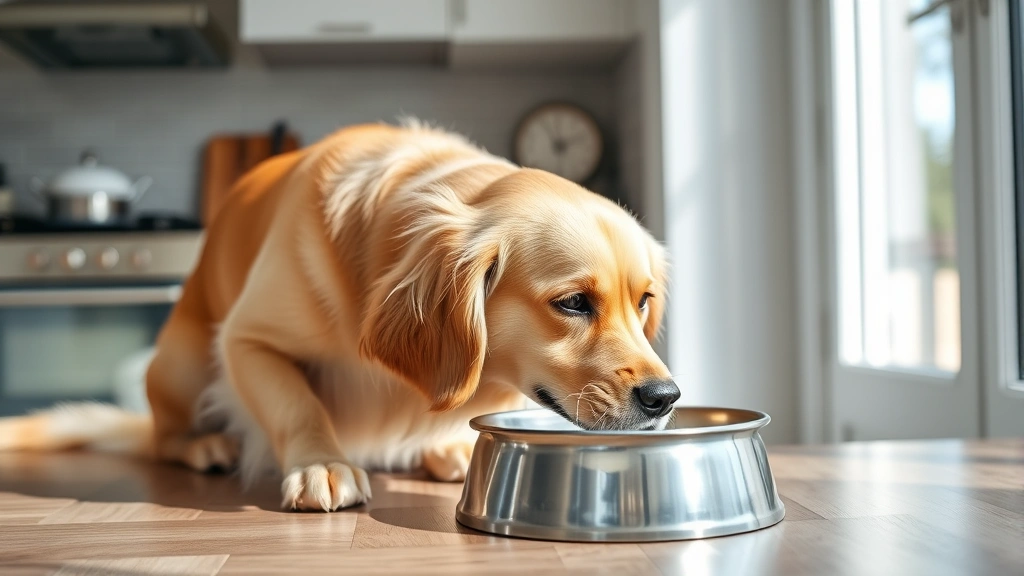 Golden Retriever drinking fresh water from stainless steel bowl in bright kitchen, healthy hydration