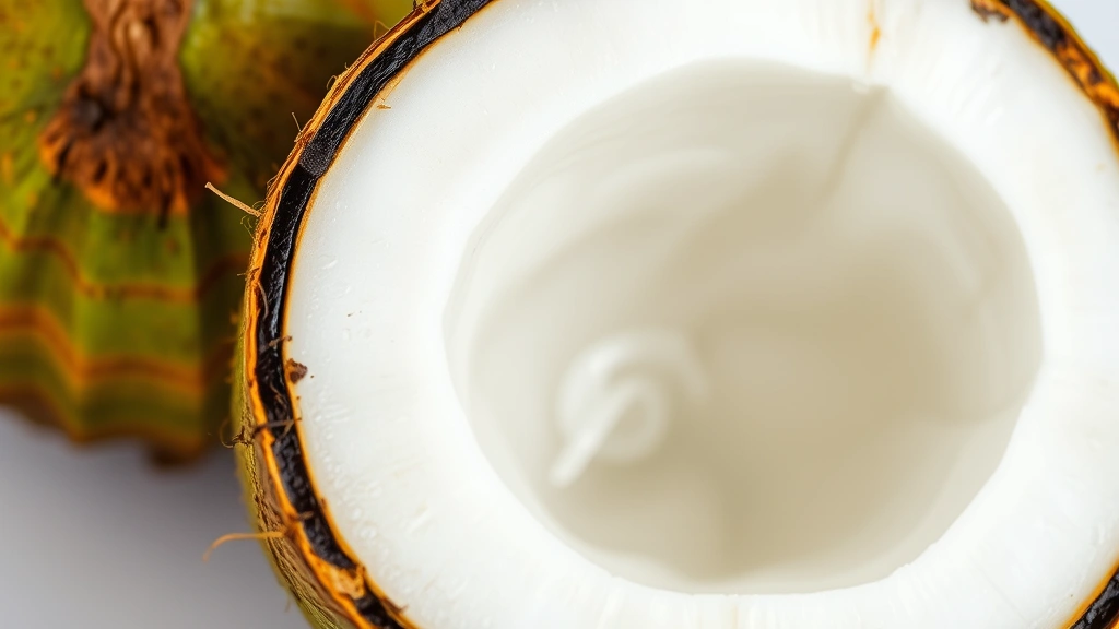 Close-up of young green coconut cut in half showing clear coconut water, tropical fruit detail