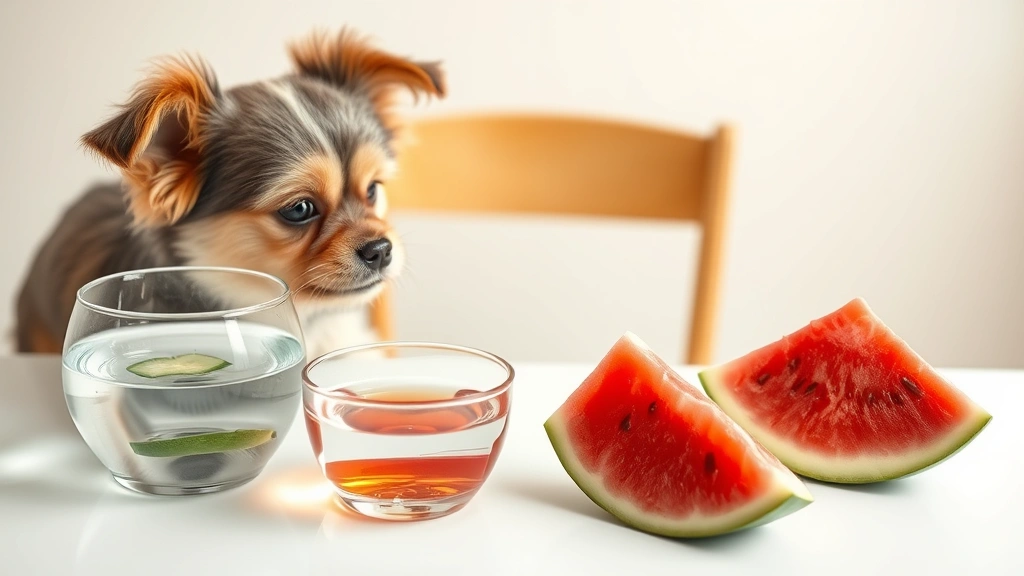 Small dog looking at various hydration options on table including water bowl, broth, and fresh watermelon slice