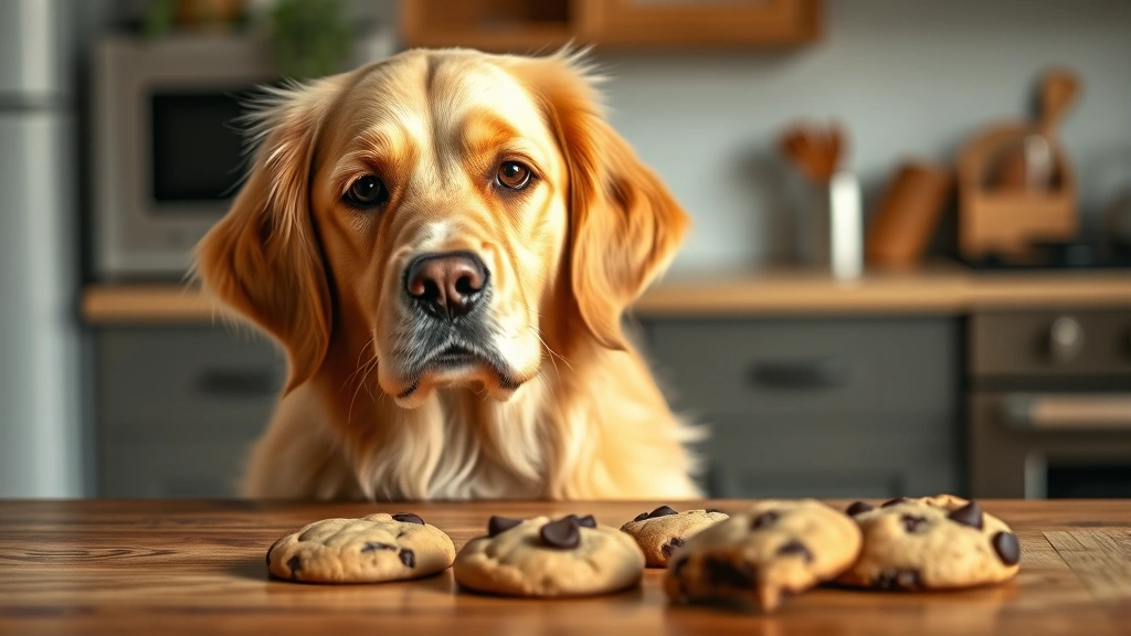 Golden retriever looking at warm chocolate chip cookies on wooden table, adorable curious expression, natural kitchen lighting, photorealistic dog photography