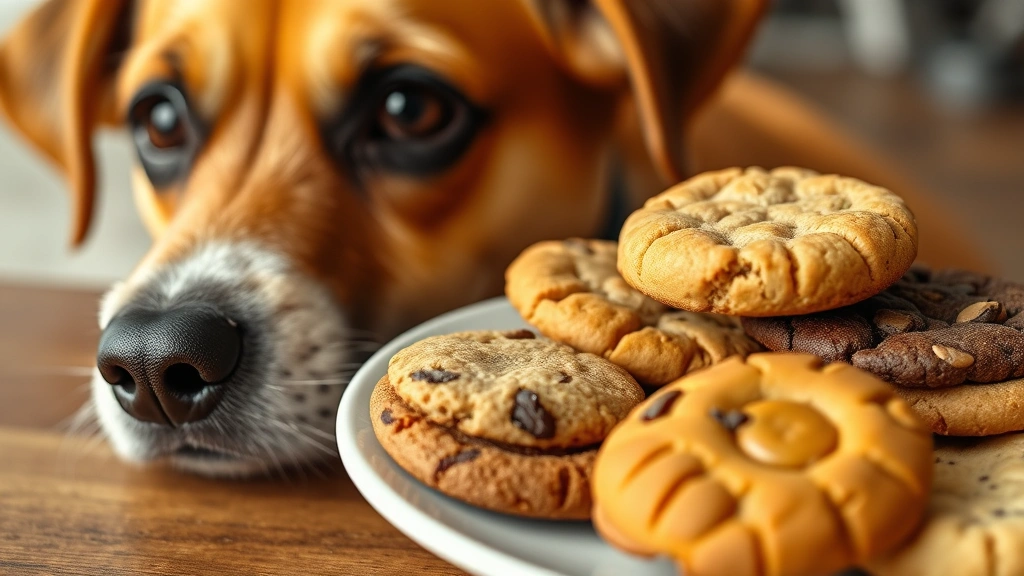 Close-up of various cookie types arranged on plate next to confused dog's face, different cookie varieties, dog looking uncertain, soft natural light