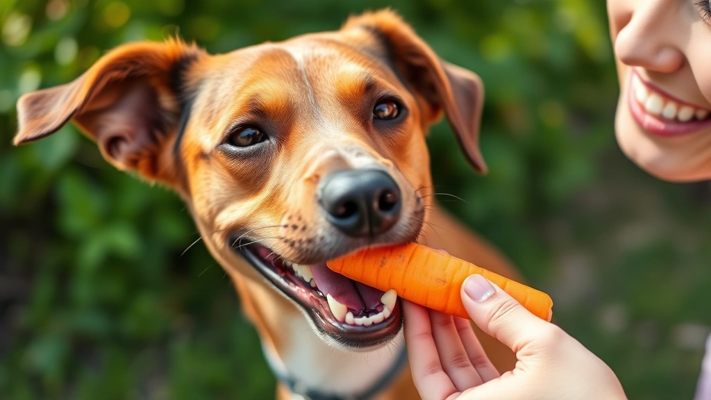 Happy brown dog eating safe carrot treat from human hand, bright smile, outdoor setting, wholesome pet care moment, clear daylight photography