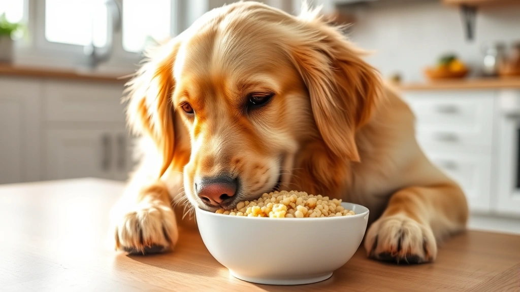 Golden Retriever happily eating from a white bowl containing plain couscous, bright kitchen background, warm natural lighting, dog's face showing interest in food
