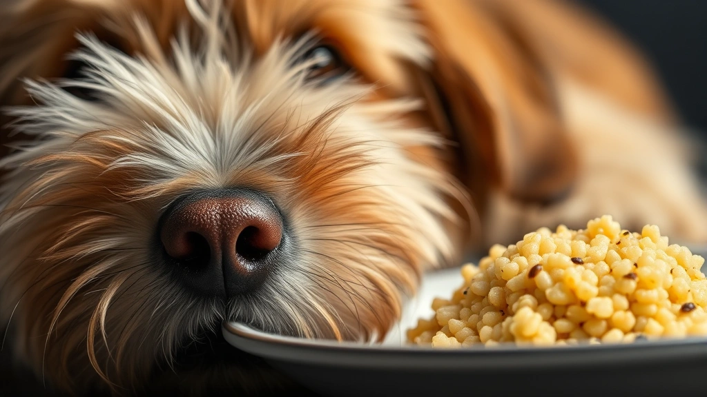 Close-up of fluffy dog's nose near a small pile of cooked couscous on a plate, shallow depth of field, soft focus background, studio lighting