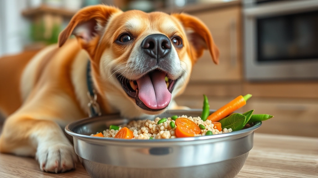 Healthy dog enjoying mixed meal with couscous and safe vegetables like carrots and green beans in stainless steel bowl, happy expression, home kitchen setting
