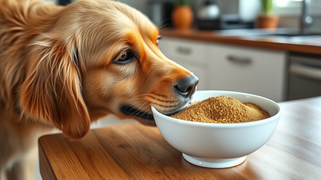 Golden retriever sniffing fresh ground cumin in a white bowl on a wooden kitchen counter, natural daylight