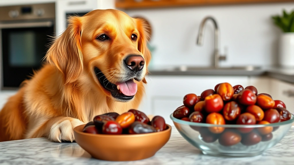 can dogs eat dates - A happy golden retriever looking at a bowl of fresh whole dates on a kitchen cou
