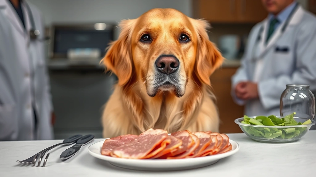 Golden Retriever sitting at dinner table looking at sliced deli meat on plate, concerned veterinary setting background, professional lighting