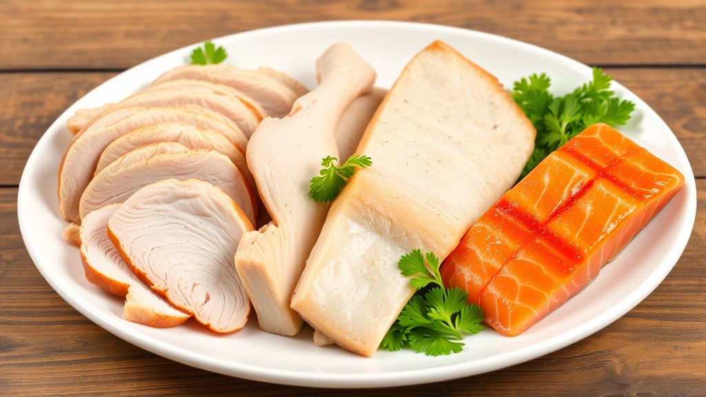Variety of fresh cooked proteins for dogs including plain chicken breast, turkey, and salmon arranged on white ceramic plate with fresh vegetables