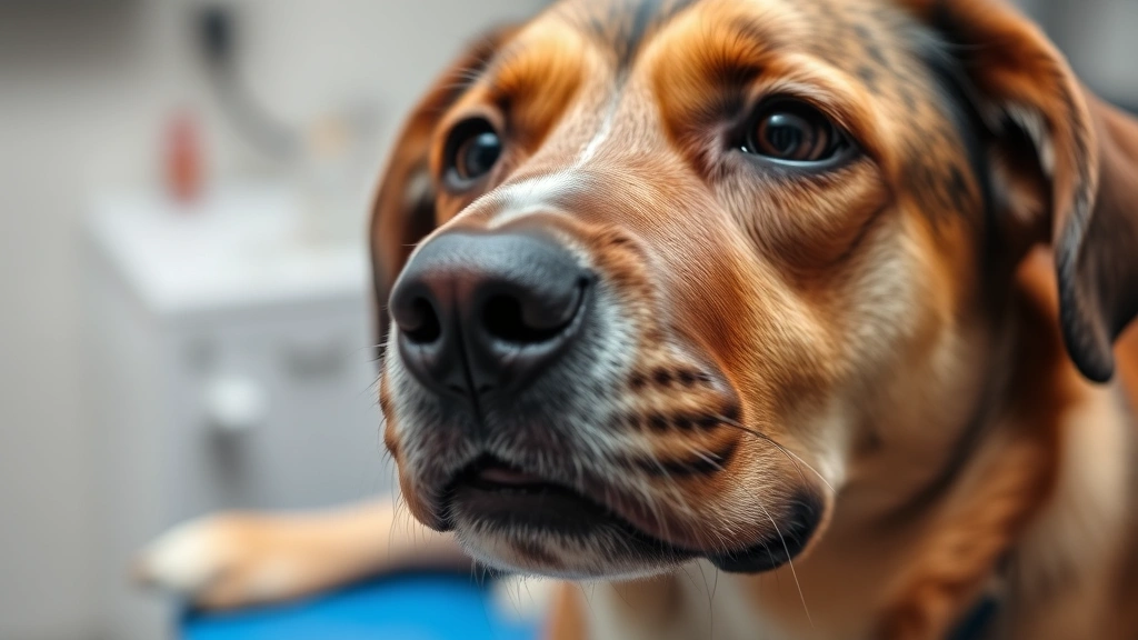 Close-up of dog's face showing symptoms of illness - pale gums, tired expression, sitting on veterinary examination table