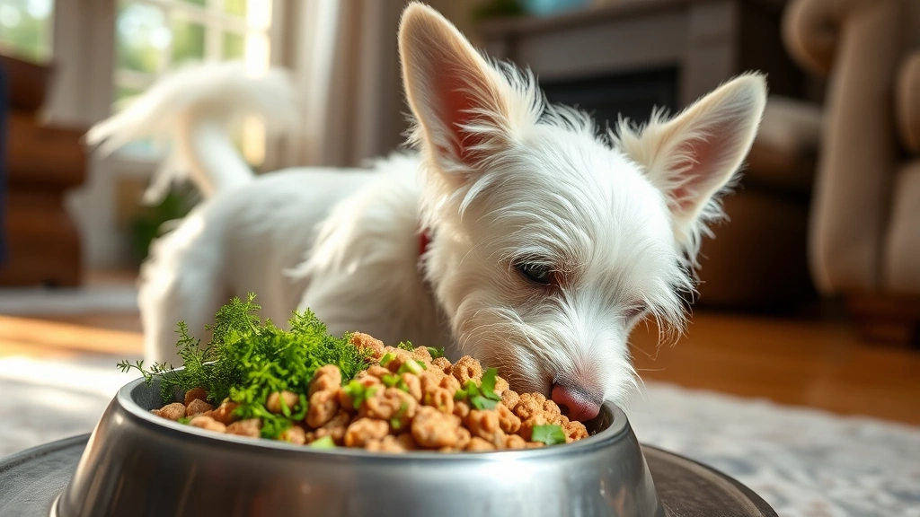 Small white Terrier mix eating a bowl of dog food mixed with finely chopped fresh dill, tail wagging, cozy home setting with natural sunlight