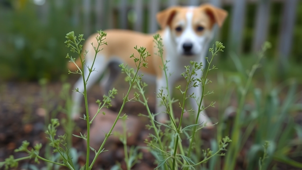 Close-up of fresh green dill weed sprigs in a garden with blurred dog in background, soft focus, garden setting showing healthy herb growth near fence