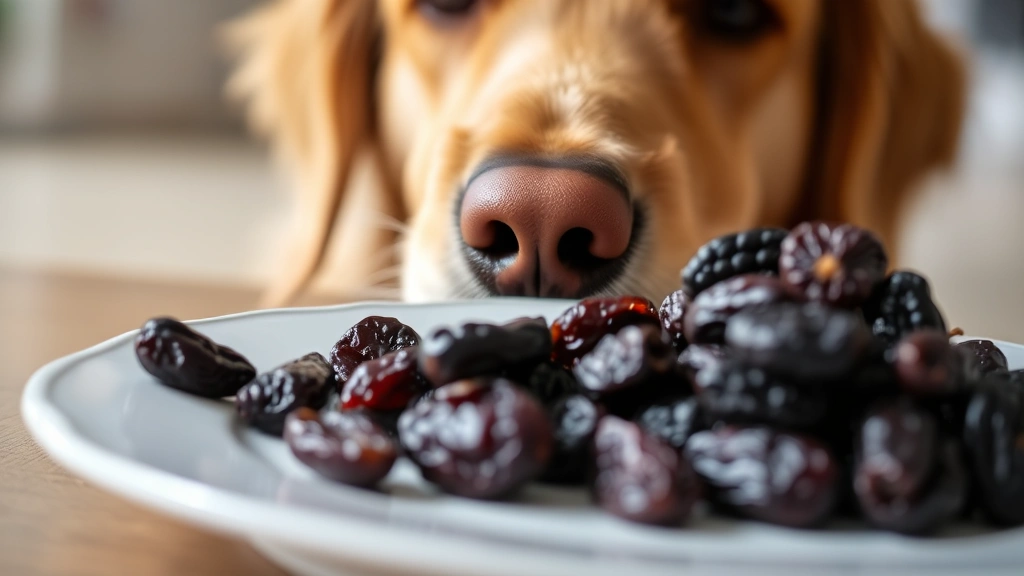 Close-up of a Golden Retriever's face looking curious at a pile of dark dried prunes on a white plate, shallow depth of field, natural lighting