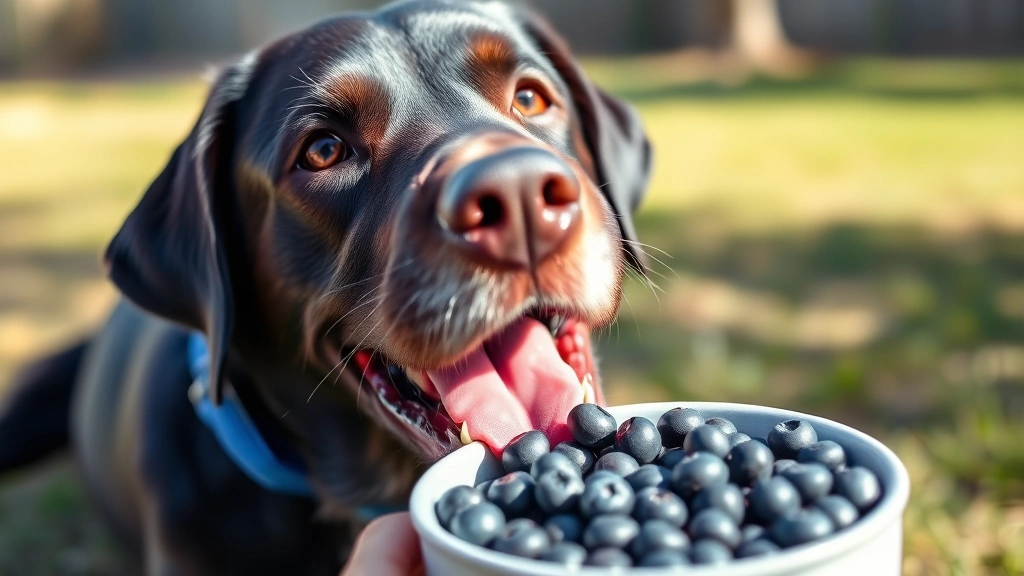 Happy Labrador Retriever eating fresh blueberries from a bowl outdoors, bright daylight, dog focused and content