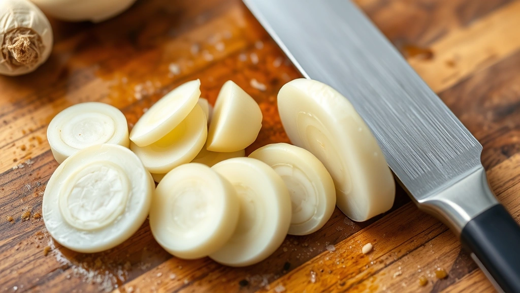 Close-up of sliced fresh fennel bulb on a wooden cutting board with a knife, demonstrating proper preparation for dogs, natural lighting
