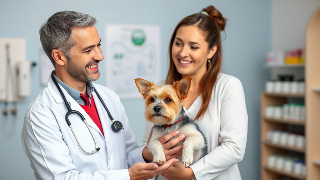 Friendly veterinarian in white coat smiling while discussing dog nutrition with female owner holding small terrier, professional clinic setting