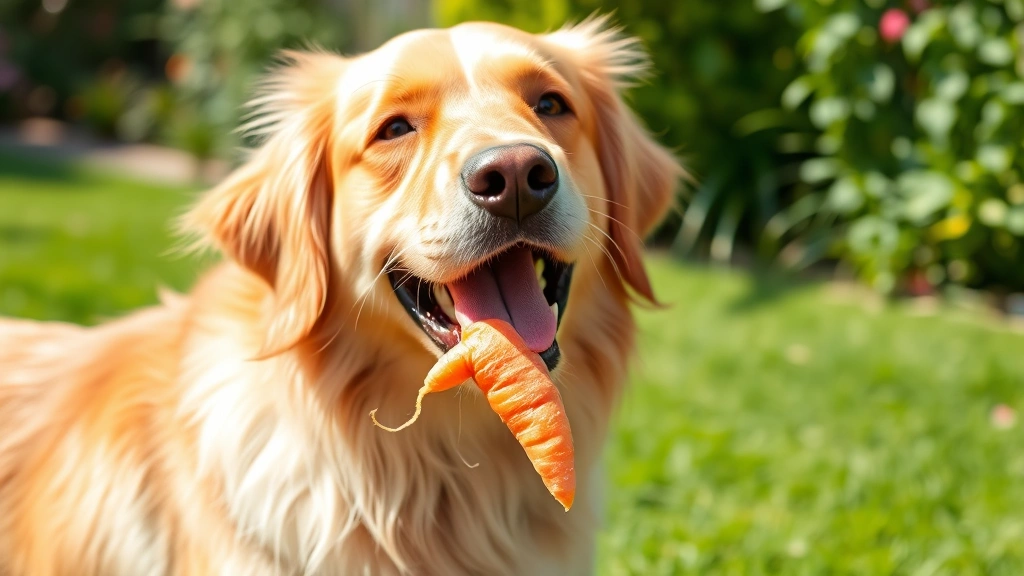 Happy golden retriever eating healthy carrot treat outdoors in garden, green grass background, dog smiling with treat in mouth, bright sunny day