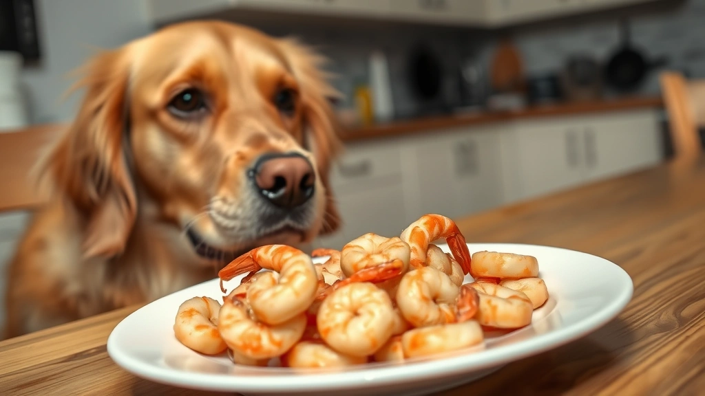 Golden retriever looking at plate of fried shrimp on dining table, curious expression, indoor kitchen setting, dog's face in focus
