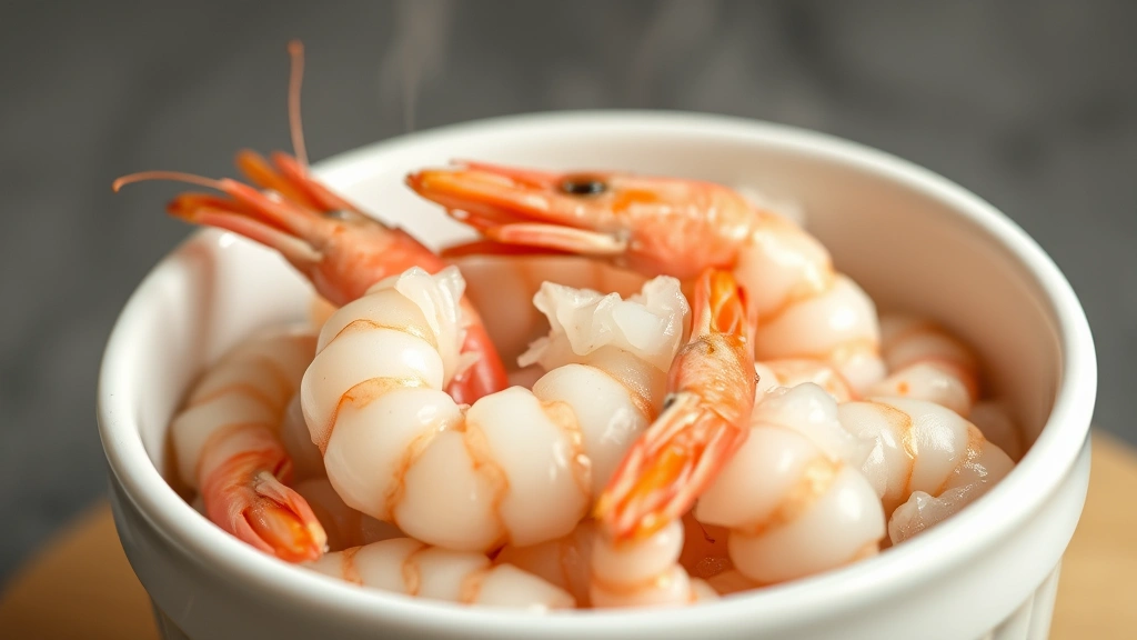 Close-up of plain boiled shrimp in white ceramic bowl, steam rising, fresh and unseasoned, healthy dog food preparation